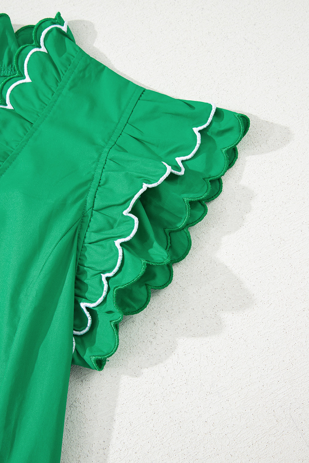 Green Scallop Sleeve Ruffle Trim Top