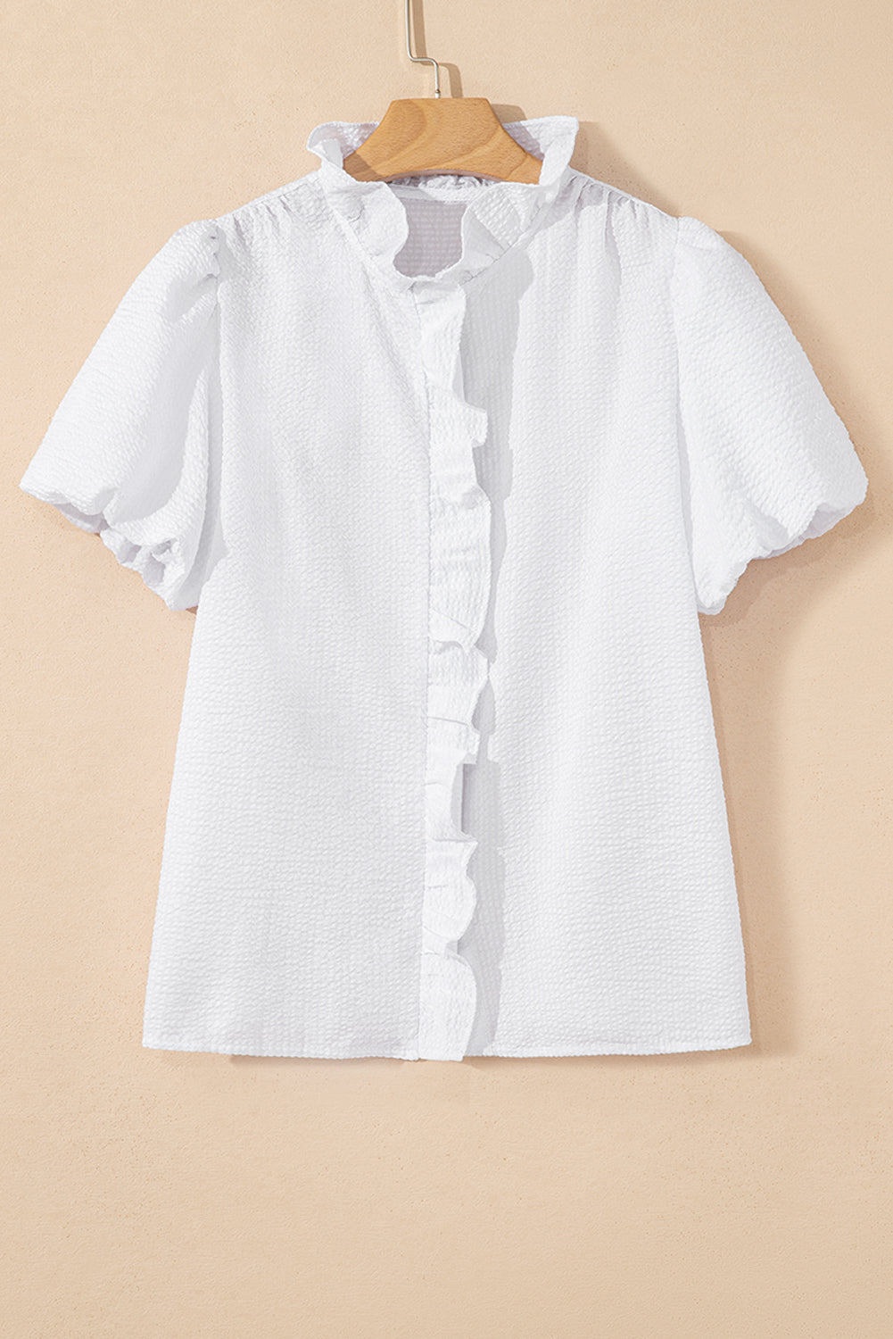 White Ruffle Front Puff Sleeve Blouse