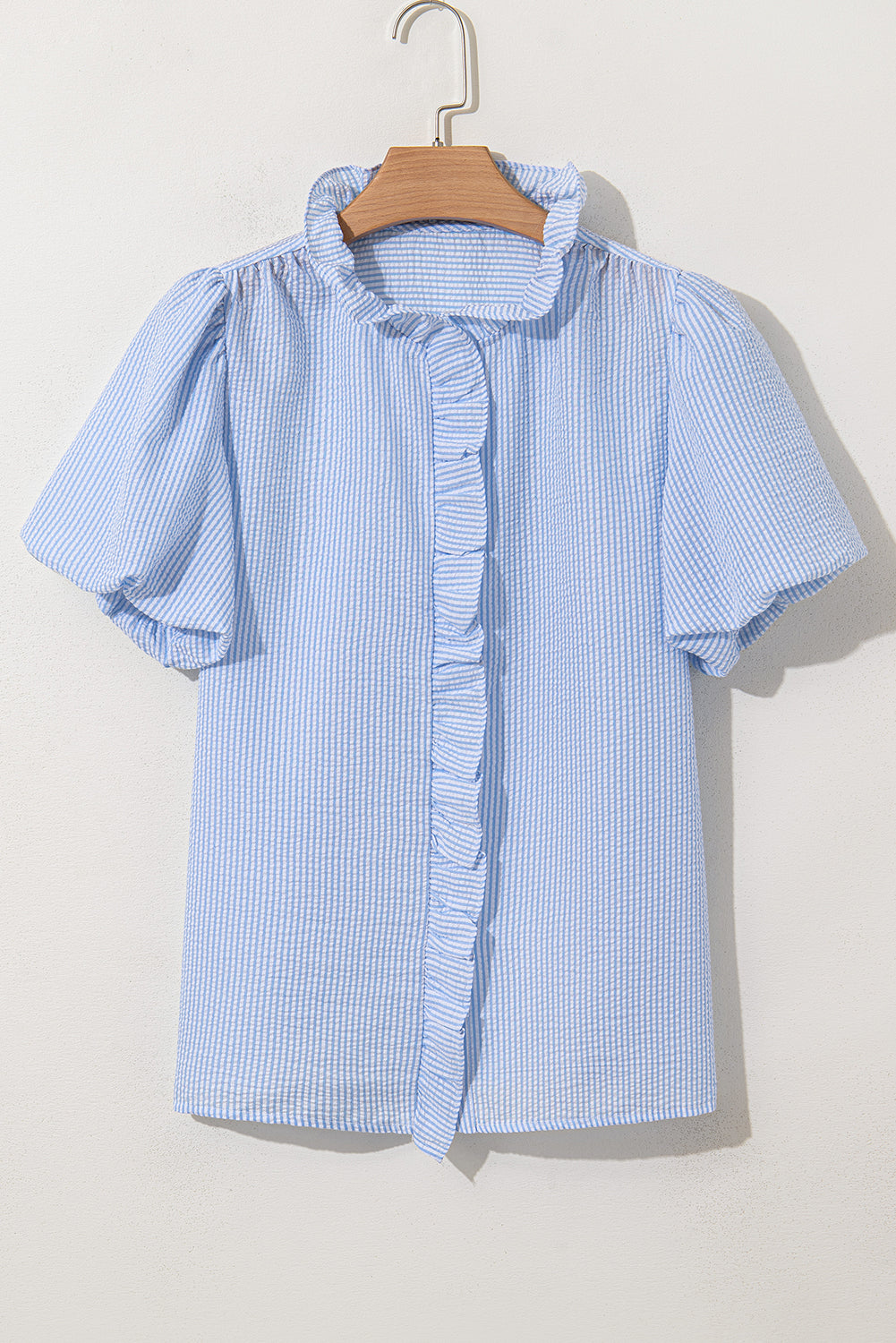 Sky Blue Seersucker Ruffle Button-Up Top – Summer Puff Sleeve Blouse