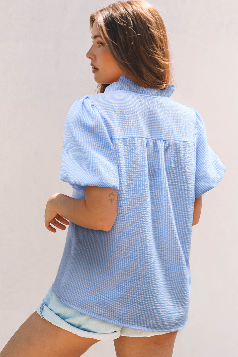Sky Blue Seersucker Ruffle Button-Up Top – Summer Puff Sleeve Blouse