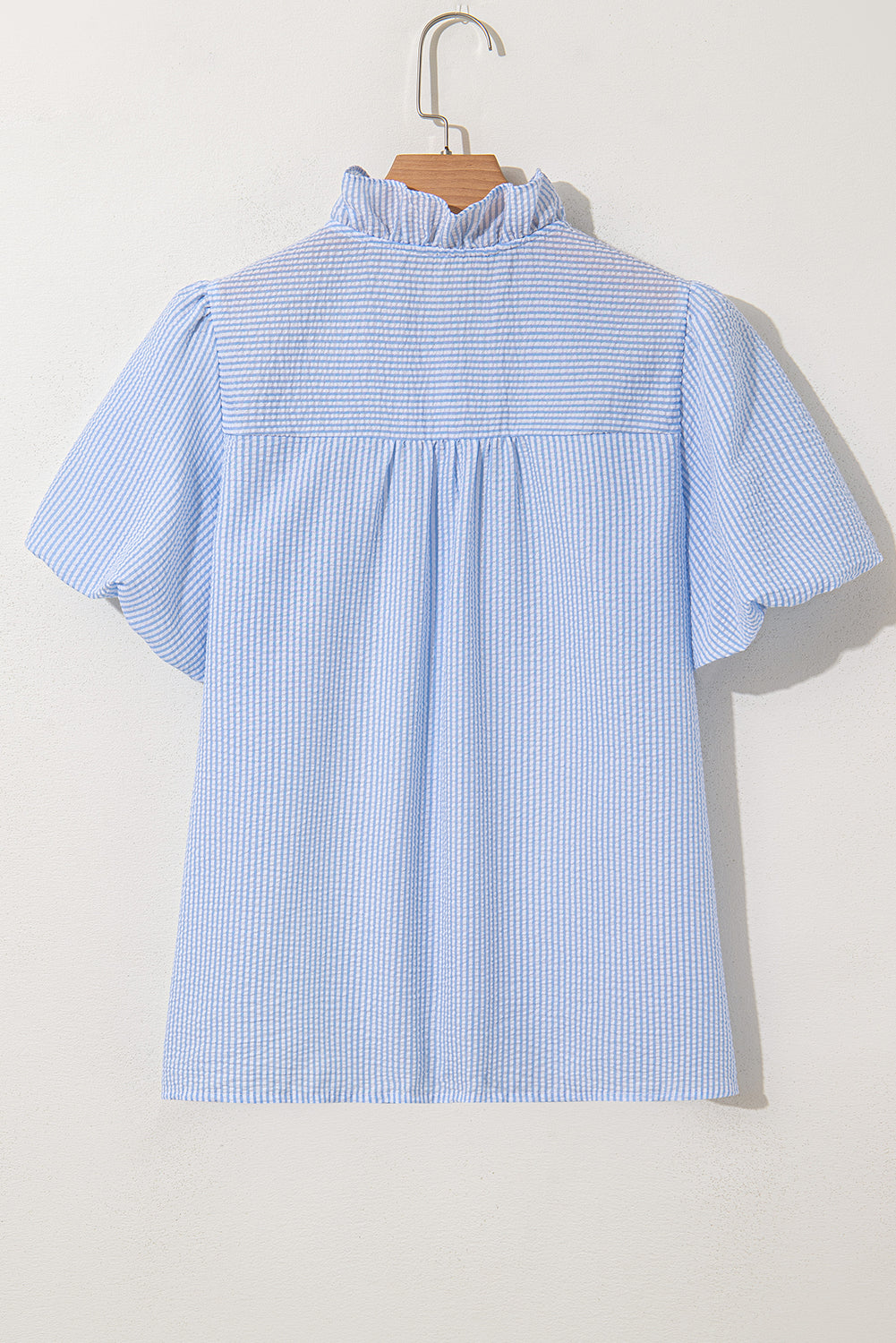 Sky Blue Seersucker Ruffle Button-Up Top – Summer Puff Sleeve Blouse