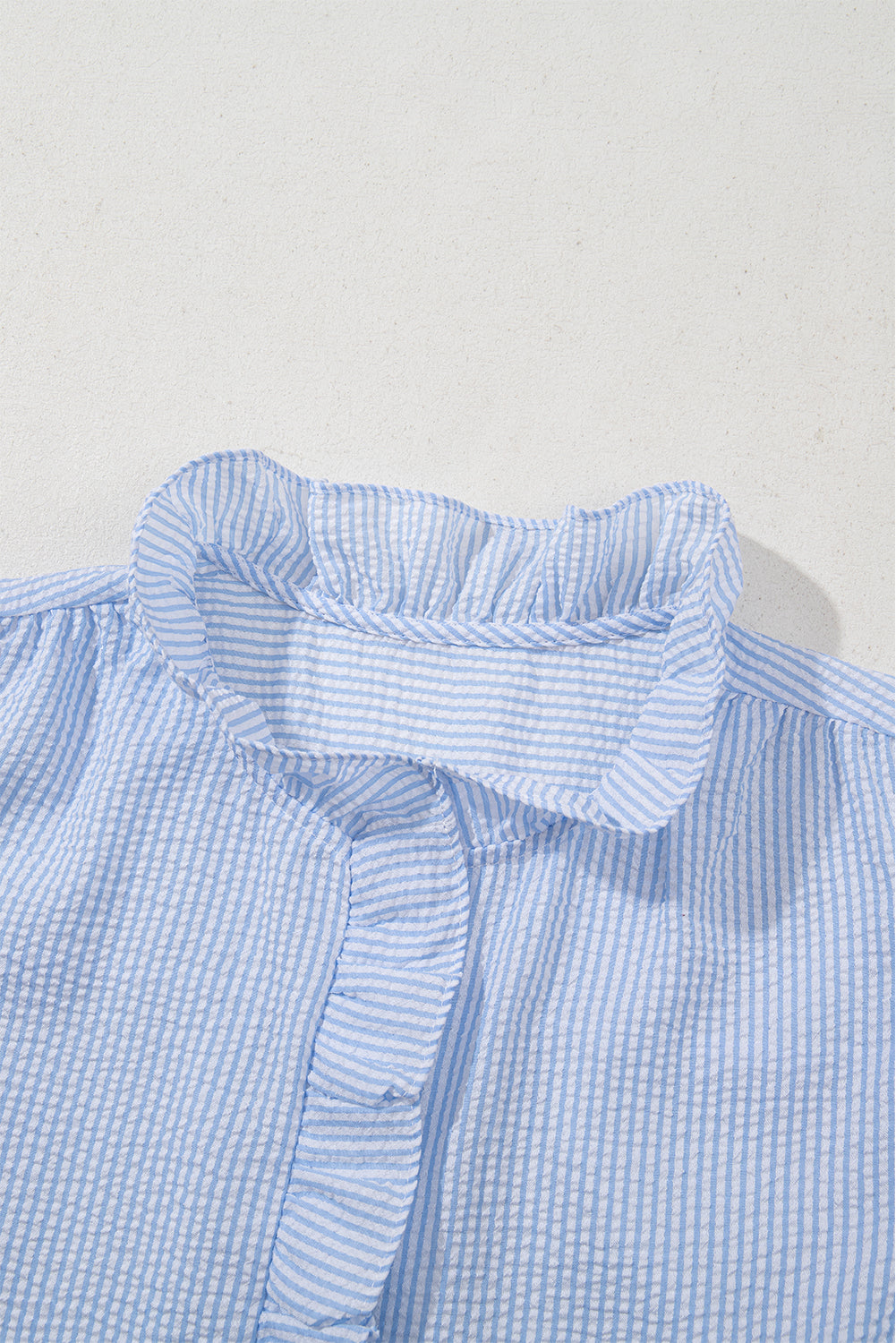 Sky Blue Seersucker Ruffle Button-Up Top – Summer Puff Sleeve Blouse
