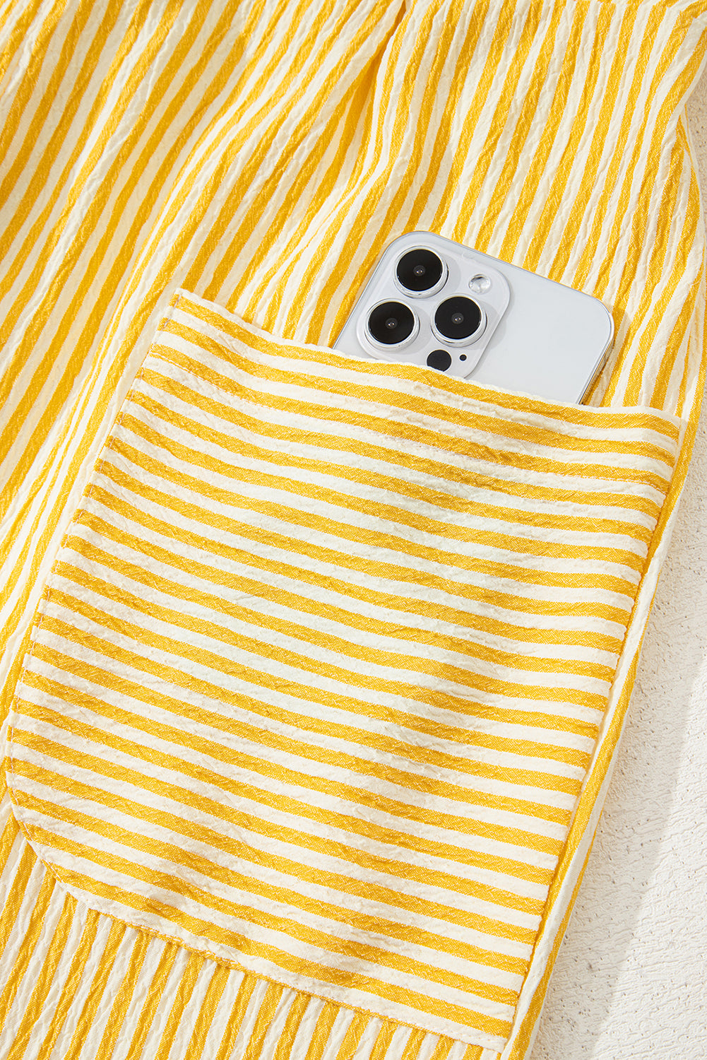 Sunny Stripes Bow-Tie Shoulder Romper with Pockets – Yellow & White