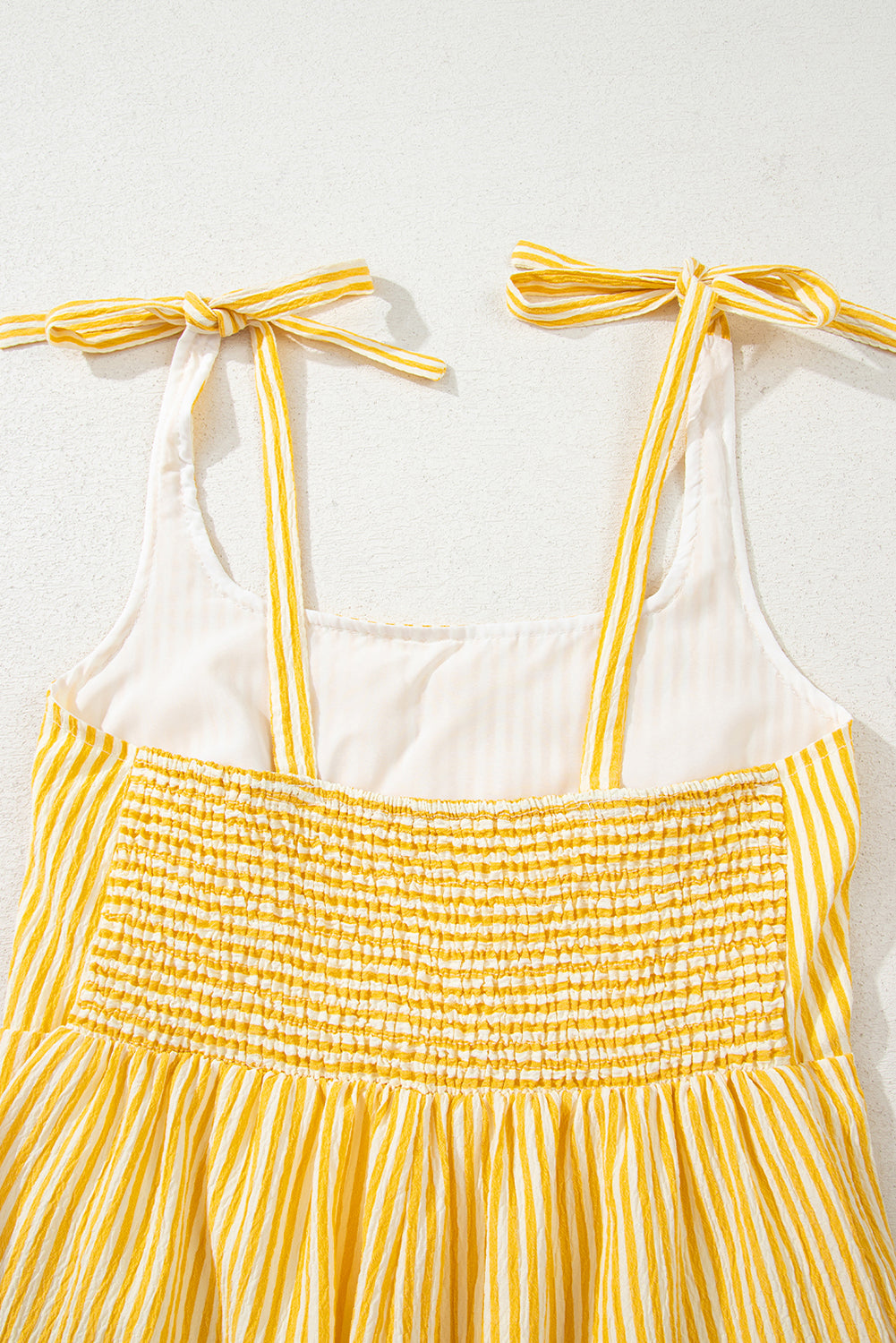 Sunny Stripes Bow-Tie Shoulder Romper with Pockets – Yellow & White
