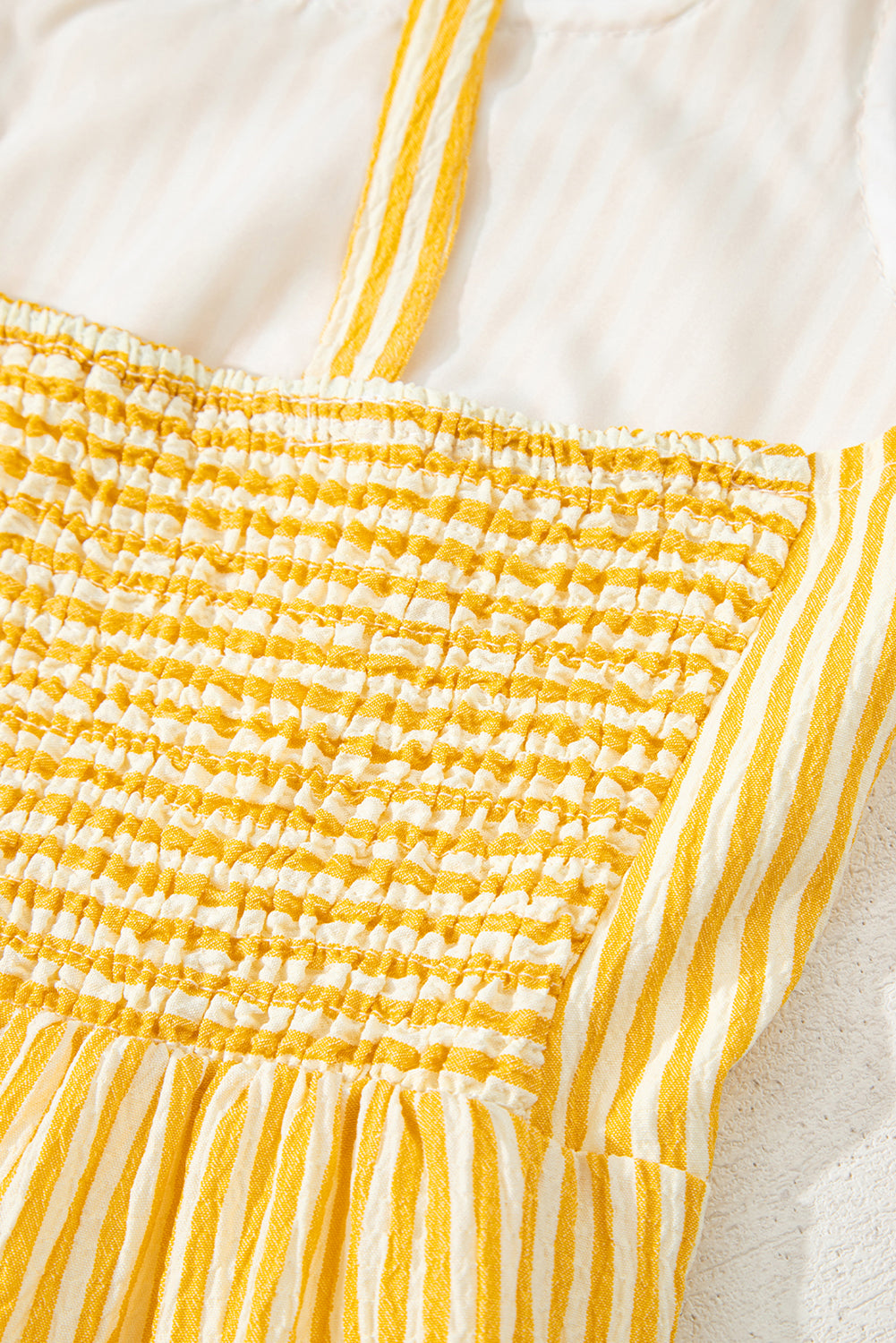 Sunny Stripes Bow-Tie Shoulder Romper with Pockets – Yellow & White