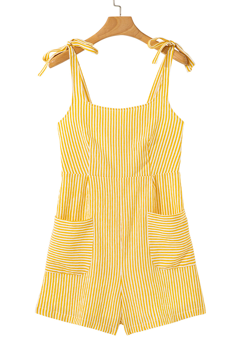 Sunny Stripes Bow-Tie Shoulder Romper with Pockets – Yellow & White