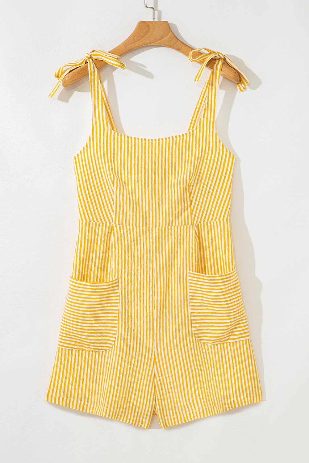 Sunny Stripes Bow-Tie Shoulder Romper with Pockets – Yellow & White