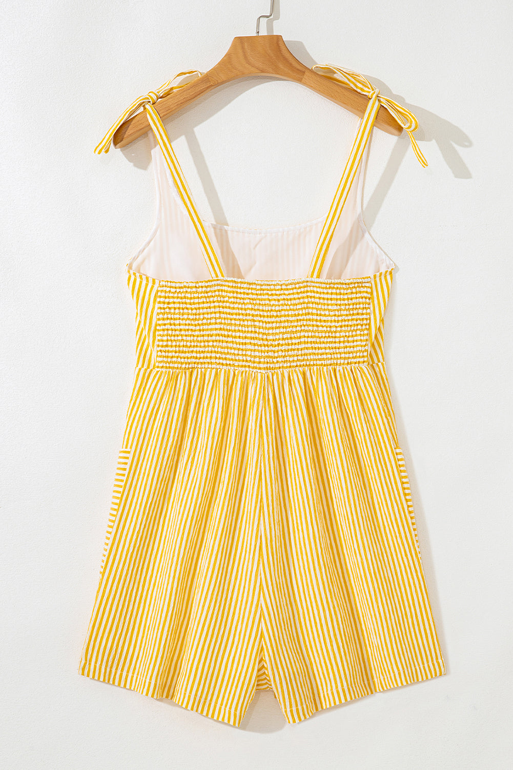 Sunny Stripes Bow-Tie Shoulder Romper with Pockets – Yellow & White