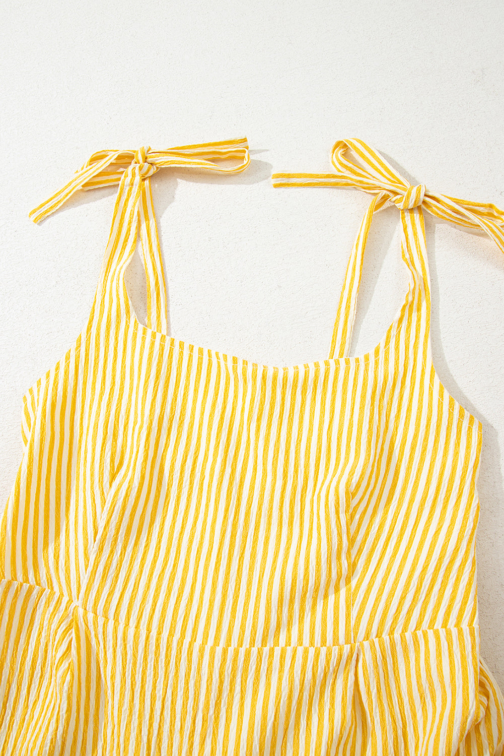 Sunny Stripes Bow-Tie Shoulder Romper with Pockets – Yellow & White