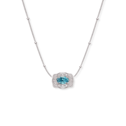 Spurwest Ultra Mini Belt Buckle Birthstone Necklace featuring a March birthstone in a sleek jewelry design.