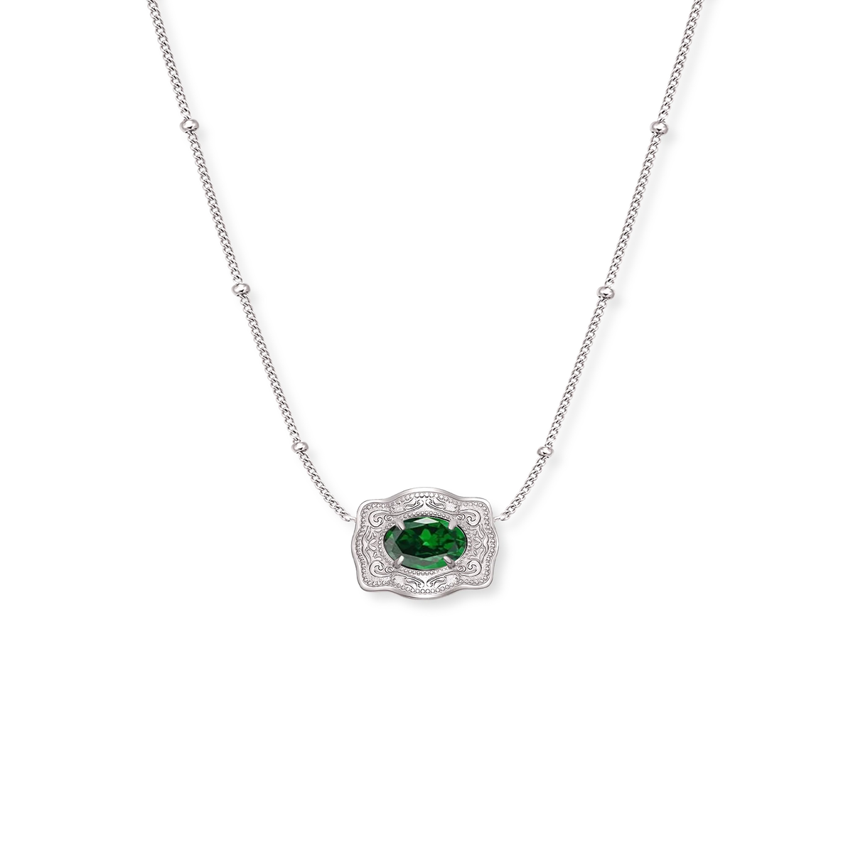 Spurwest Ultra Mini Belt Buckle Birthstone Necklace featuring a May birthstone pendant and a sleek, compact design.