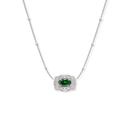 Spurwest Ultra Mini Belt Buckle Birthstone Necklace featuring a May birthstone pendant and a sleek, compact design.