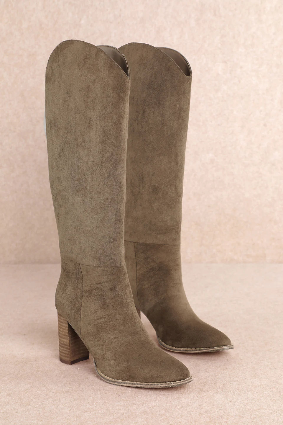 Taupe Suede Tall Western Block Heel Boots