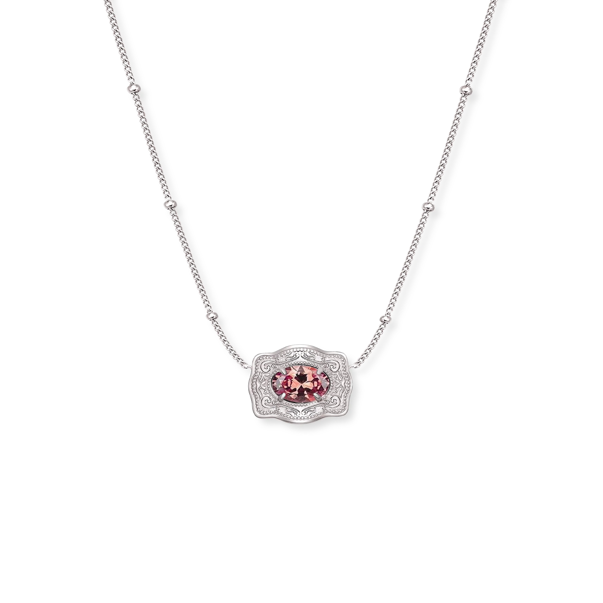 Spurwest Ultra Mini Belt Buckle Birthstone Necklace featuring a small metallic buckle and colorful gemstone pendant.