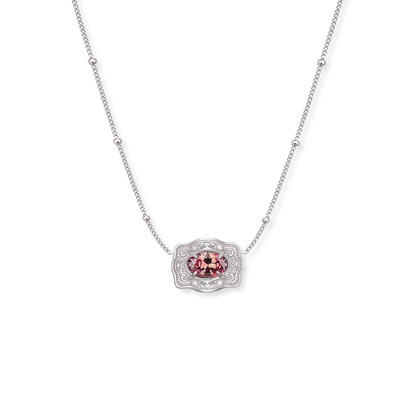 Spurwest Ultra Mini Belt Buckle Birthstone Necklace featuring a small metallic buckle and colorful gemstone pendant.