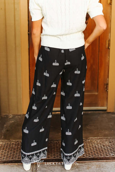 Black Boot-stitch Ivory Printed Elastic Waist Wide Leg Pants Lucky and Blessed Cowgirl Charm