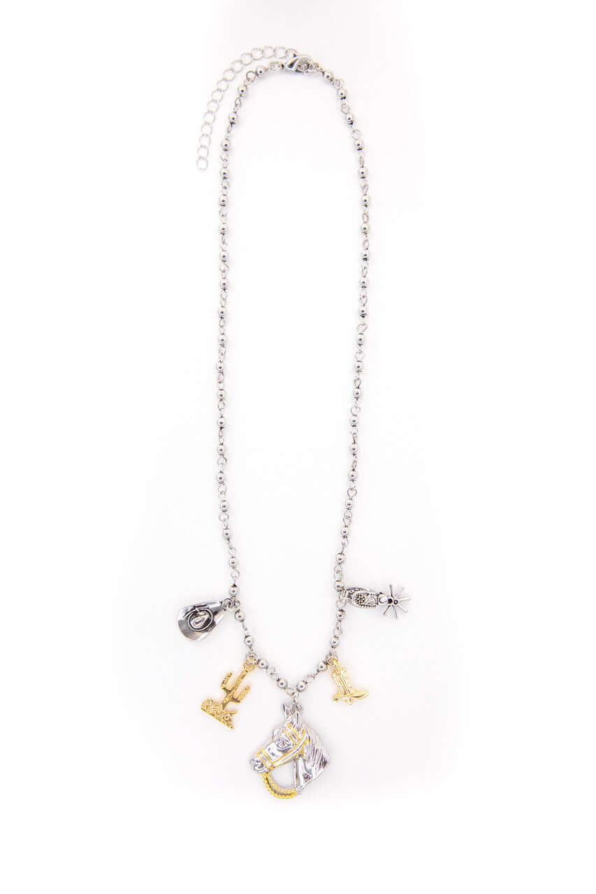 18-inch 18K two-tone plated Western charm necklace by West & Co. featuring Western-themed charms on a stylish chain.