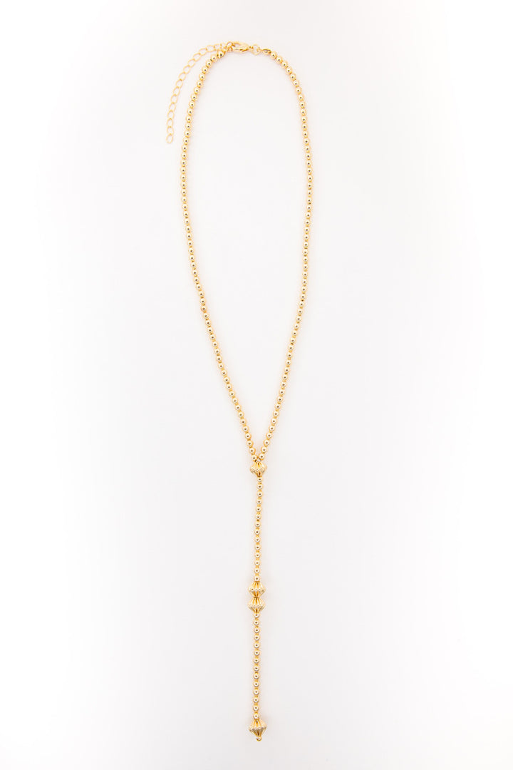 18" 18K Gold Plated Beaded Y Necklace with 5" Tail Available in White Gold and Yellow Gold