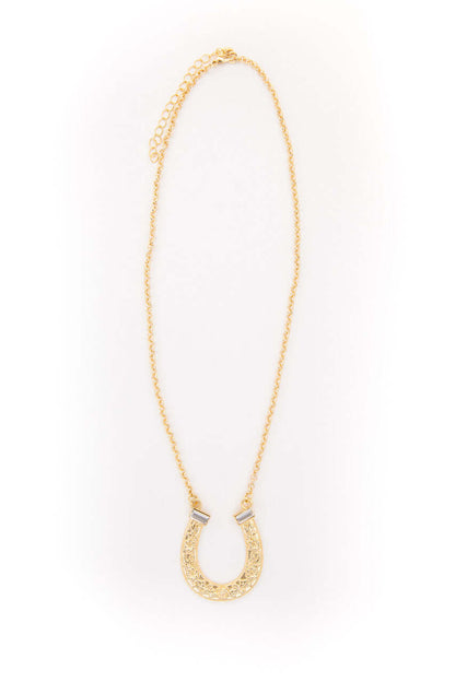 18-inch gold-plated horse shoe necklace with rhinestone accents by West & Co. jewelry, showcasing a detailed and stylish accessory.