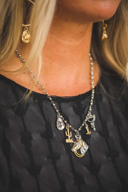 18-inch 18K two-tone plated Western charm necklace by West & Co., featuring a detailed Western-themed pendant.
