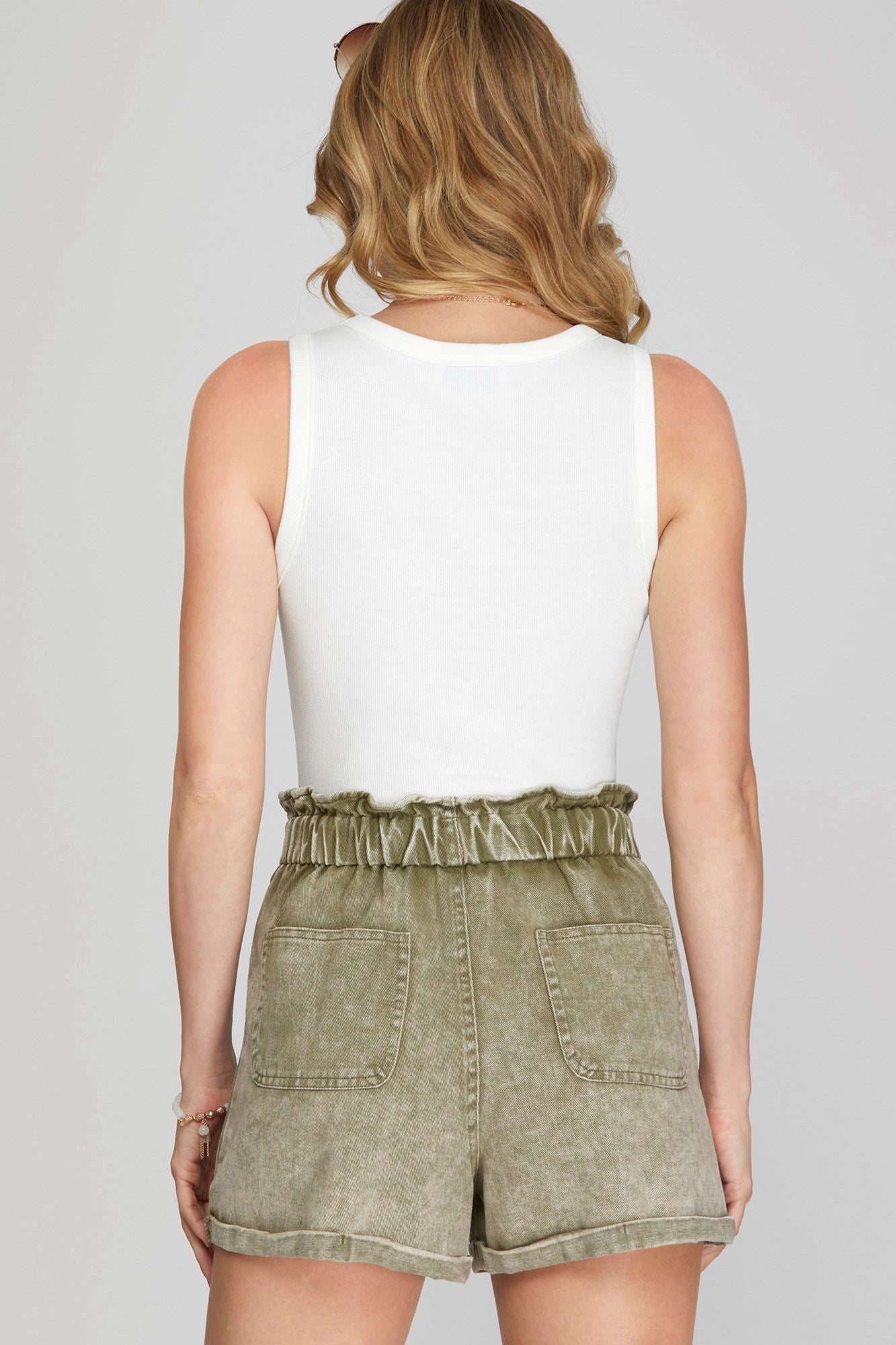 Olive Garment Washed Paperbag Twill Shorts with Pockets