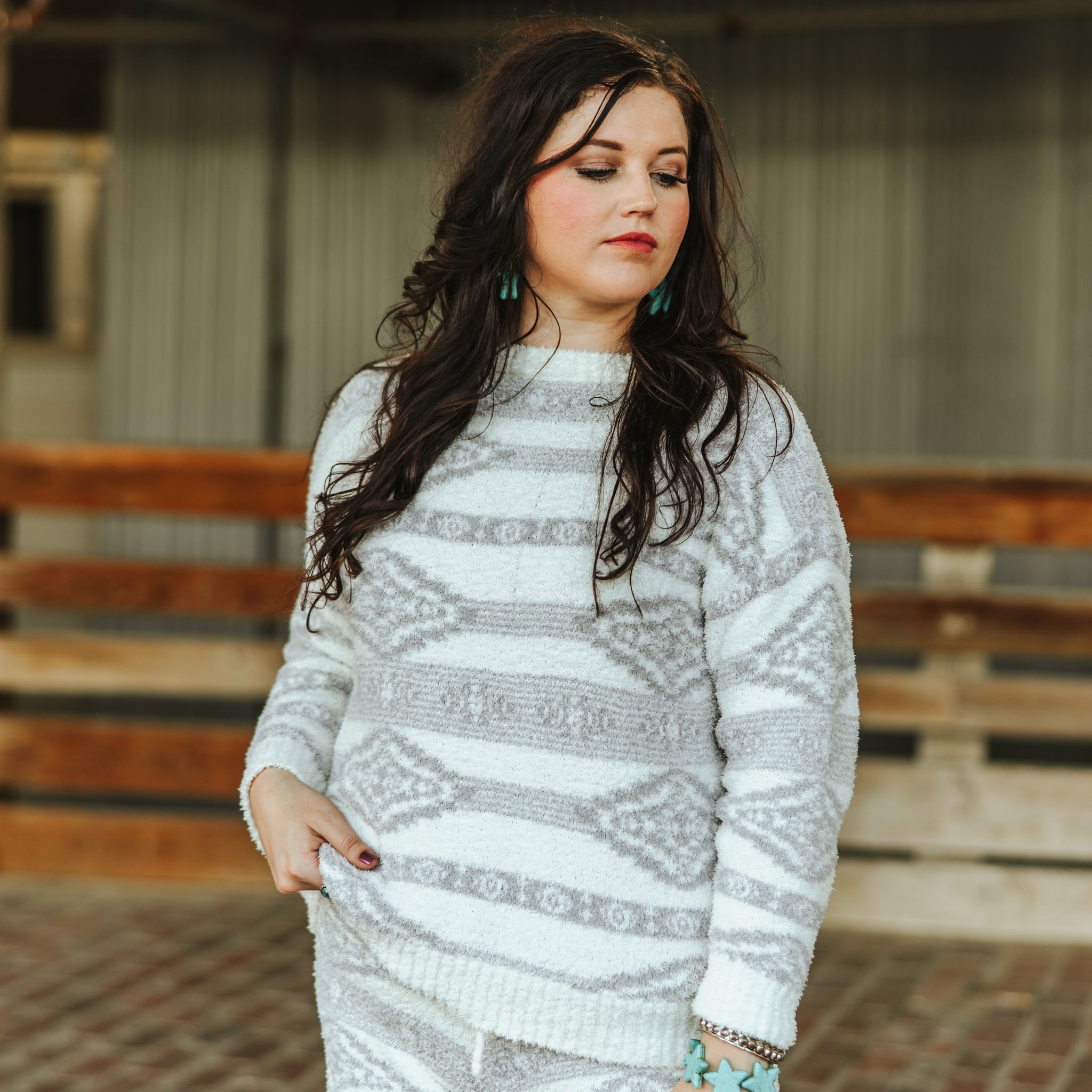 Lucky & Blessed Grey Ivory Aztec Knit Lounge Set