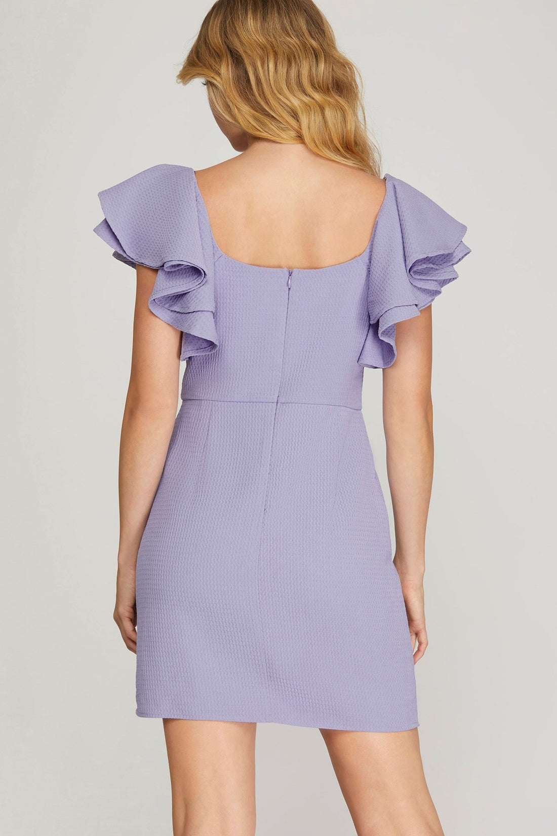 Lilac Double Ruffle Sleeve Textured Mini Dress – Square Neck Fit & Flare