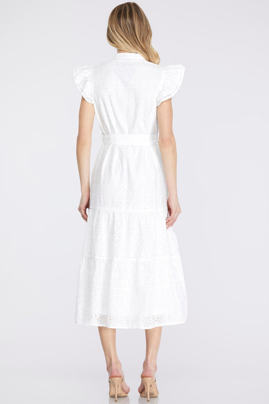 Ruffle Sleeve Eyelet Midi Dress with Waist Tie – Off White
