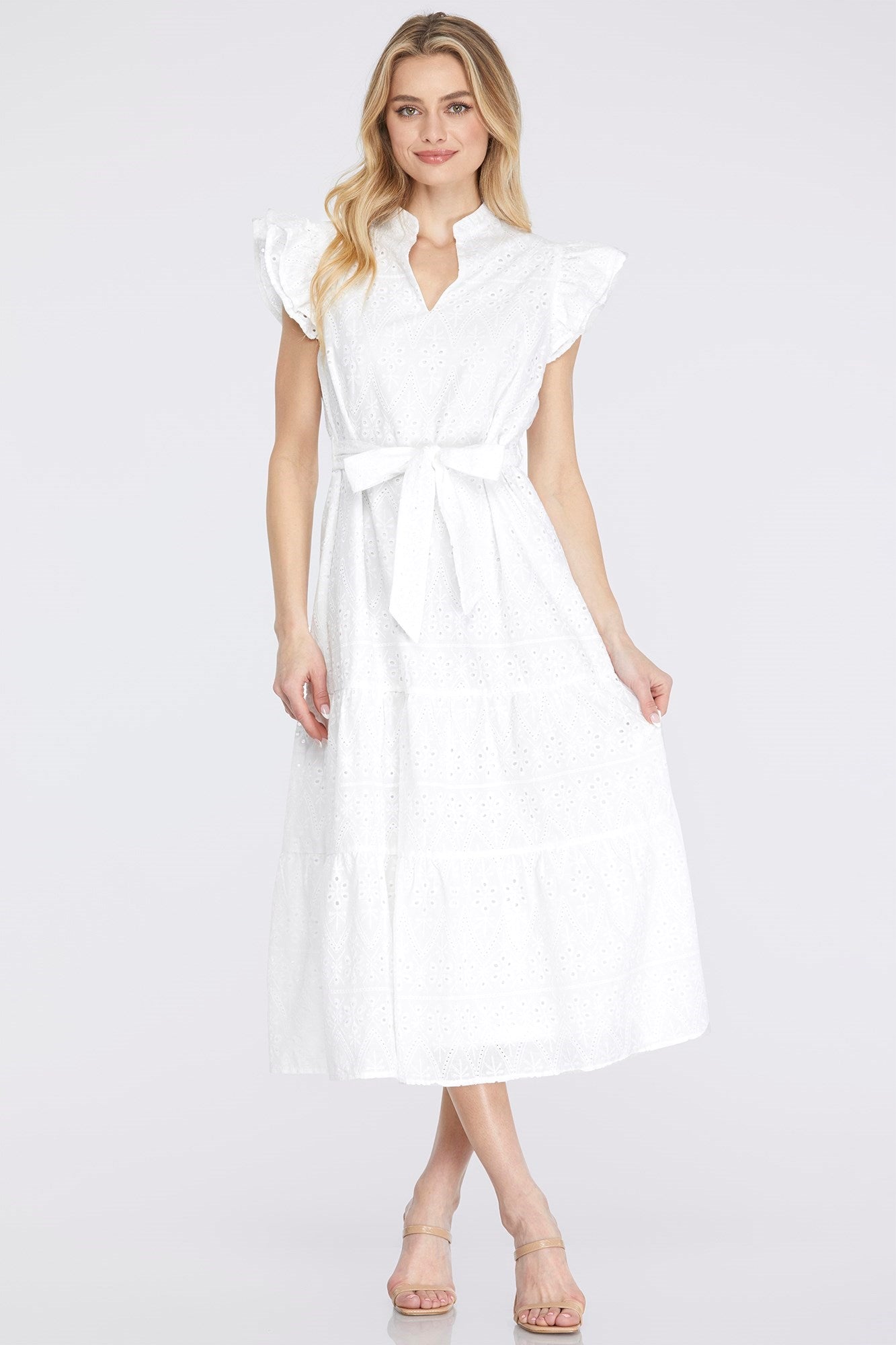 Ruffle Sleeve Eyelet Midi Dress with Waist Tie – Off White