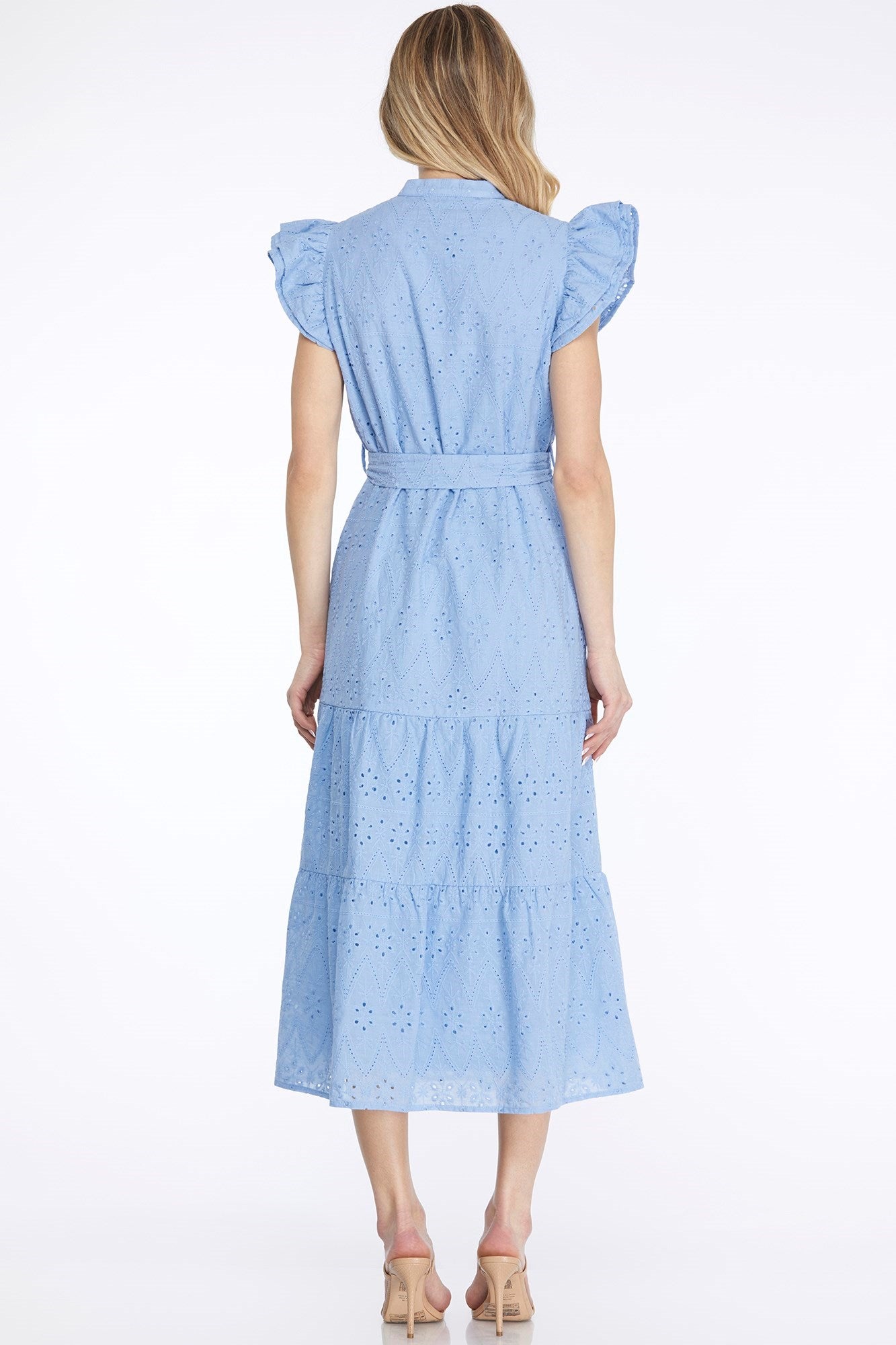 Ruffle Sleeve Eyelet Midi Dress with Waist Tie – Sky Blue