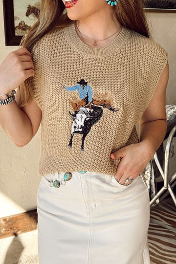 Western Cowboy Embroidered Sleeveless Knit Sweater – Rodeo Bull Rider Tank