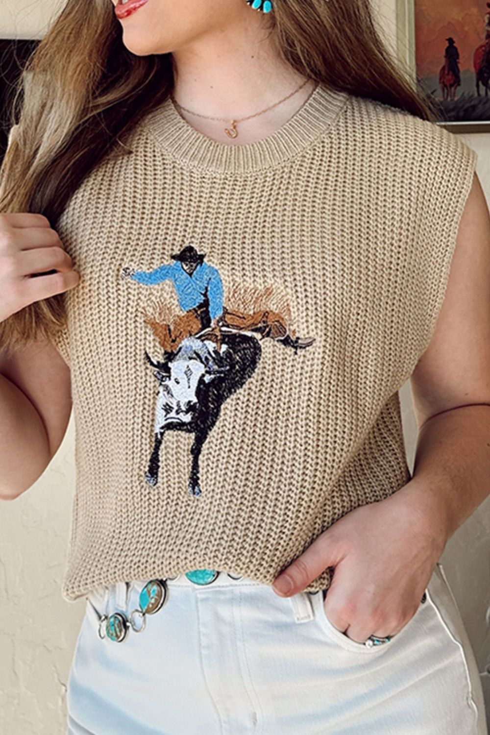 Western Cowboy Embroidered Sleeveless Knit Sweater – Rodeo Bull Rider Tank