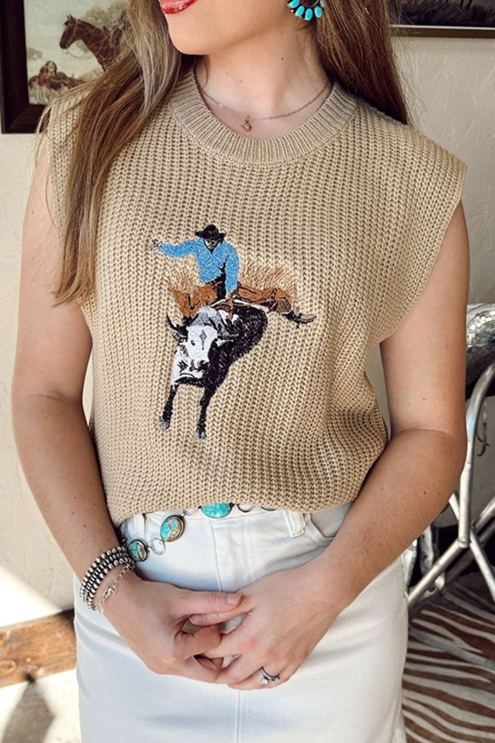Western Cowboy Embroidered Sleeveless Knit Sweater – Rodeo Bull Rider Tank