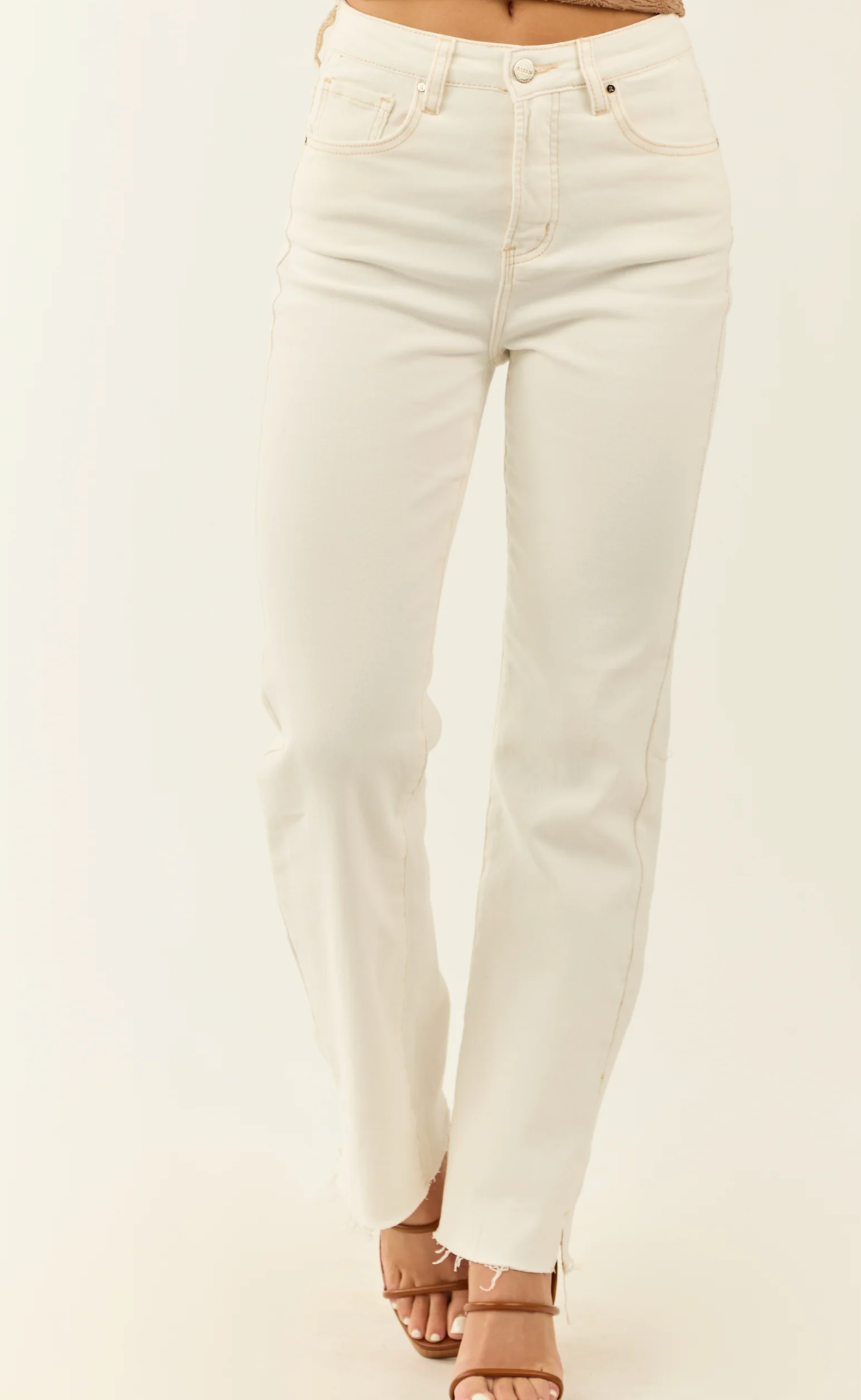 High Rise Tummy Control Straight Pants – Raw Hem with Side Slit