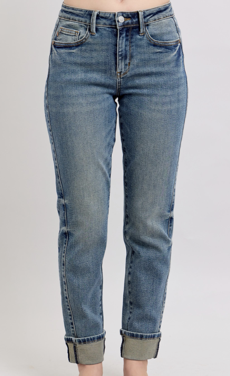 Mr. Vintage Wash Boyfriend Jeans with Side Seam Panel & Double Roll Cuff