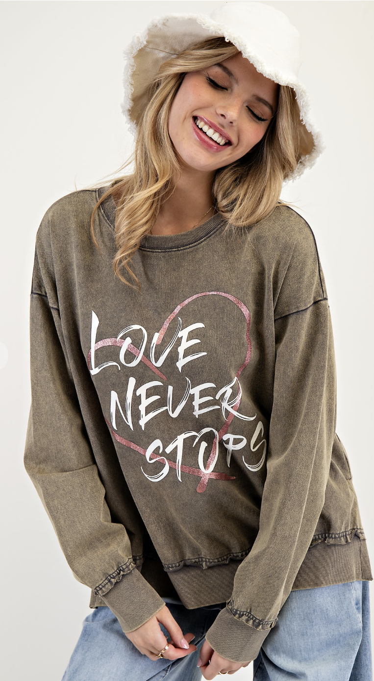 Love Never Stops Mineral Washed Pullover