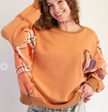Plaid Heart Patch Mineral Washed Pullover