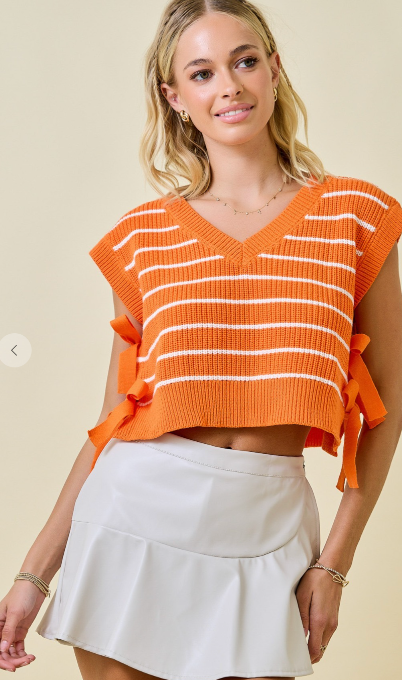 Striped V Neck Double Side Tie Sweater Vest