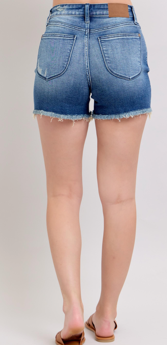 High Waist V-Front Denim Shorts with Shield Pockets