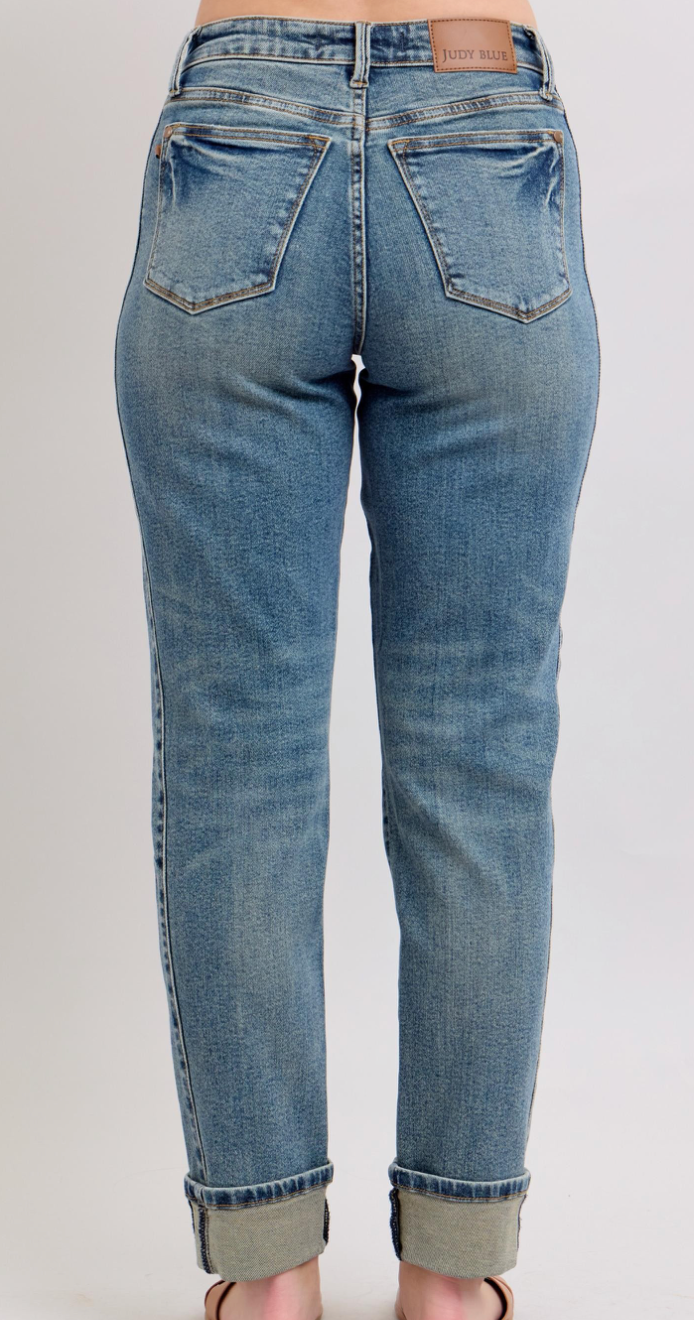 Mr. Vintage Wash Boyfriend Jeans with Side Seam Panel & Double Roll Cuff