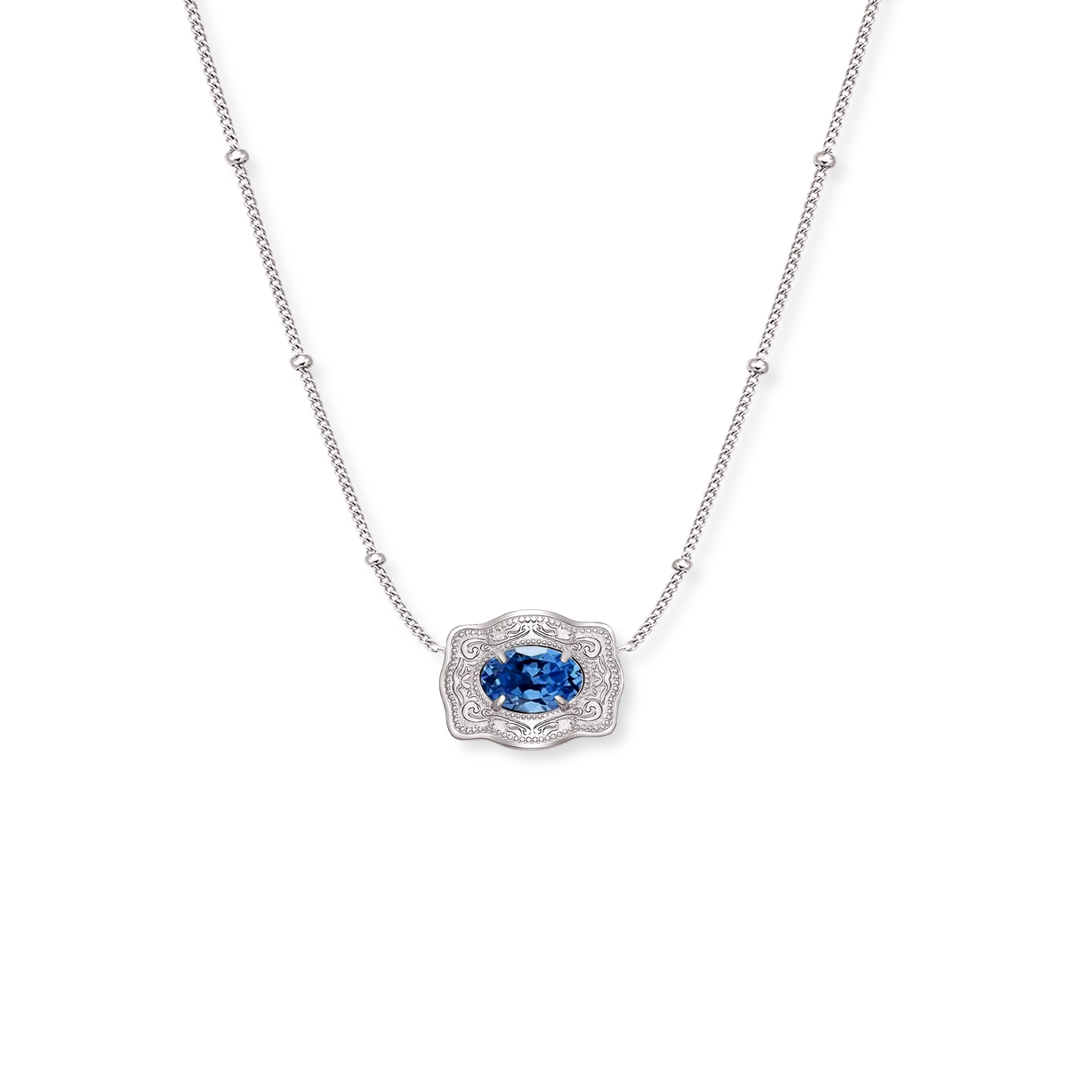 Spurwest Ultra Mini Belt Buckle Birthstone Necklace featuring a September birthstone, jewelry accessory with a small belt buckle design.