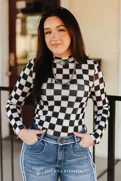 Lucky & Blessed checkered printed long sleeve mesh top featuring a stylish pattern and lightweight fabric.