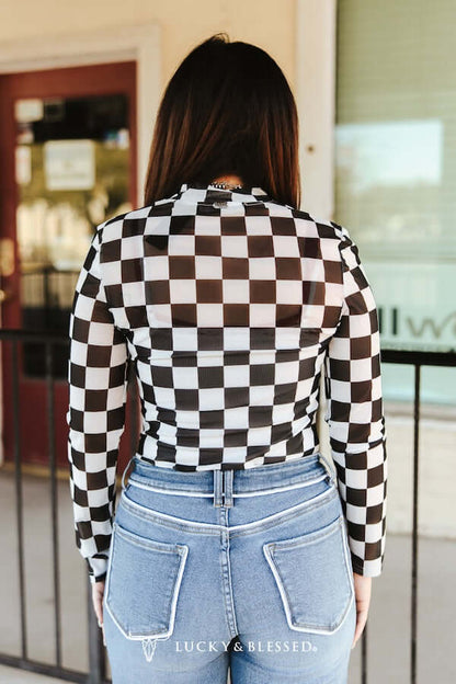 Lucky & Blessed checkered long sleeve mesh blouse with printed design, featuring a stylish and breathable top for casual wear.