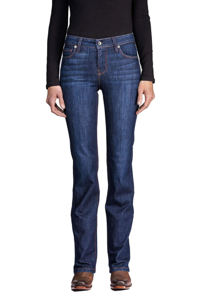 Haala Denim Venice bootcut jeans in deep ocean wash with orange copper stitching, showcasing the denim fabric and tailored fit.