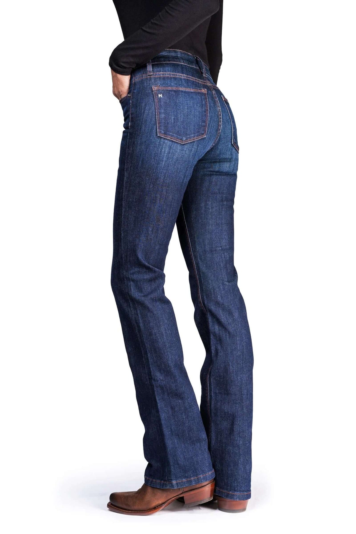 Haala Denim Venice deep ocean bootcut jeans with orange-copper stitching, showcasing the stylish denim bottoms.