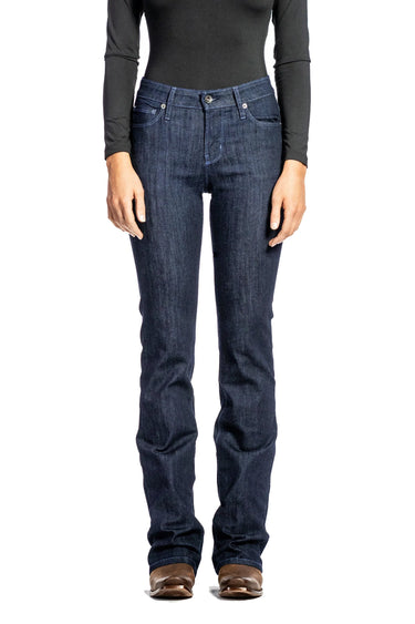 Haala Denim Venice bootcut jeans in midnight dusk blue with contrast stitching, displayed on a model.