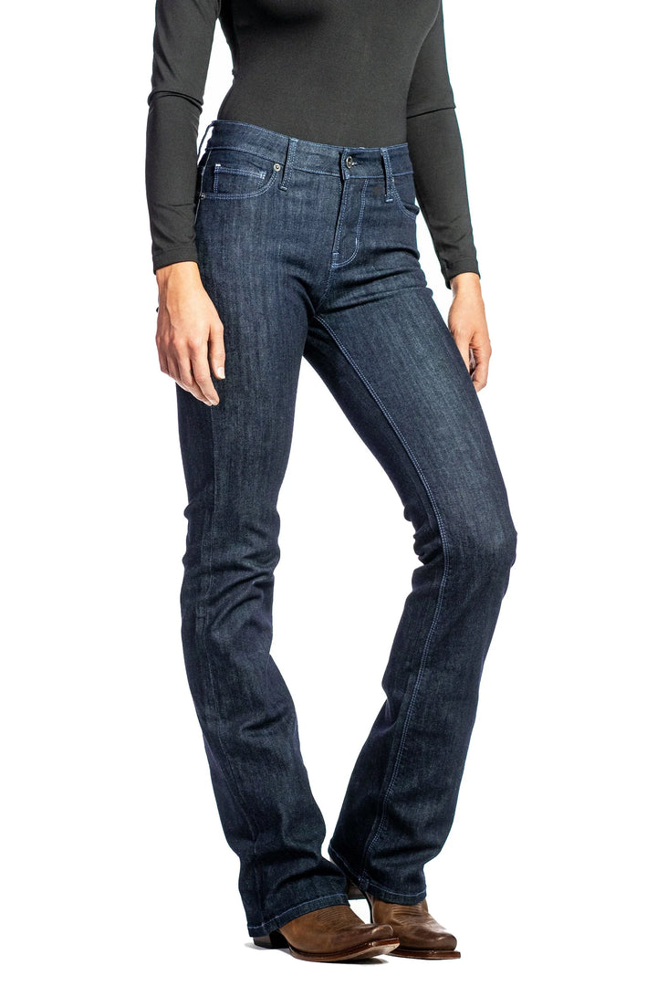 Haala Denim Venice Midnite bootcut jeans in dusk blue denim with contrasting stitching, displayed on a model.