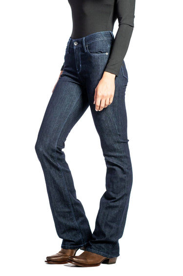 Haala Denim Venice mid-blue bootcut jeans with dusk blue stitching, displayed on a hanger against a neutral background.