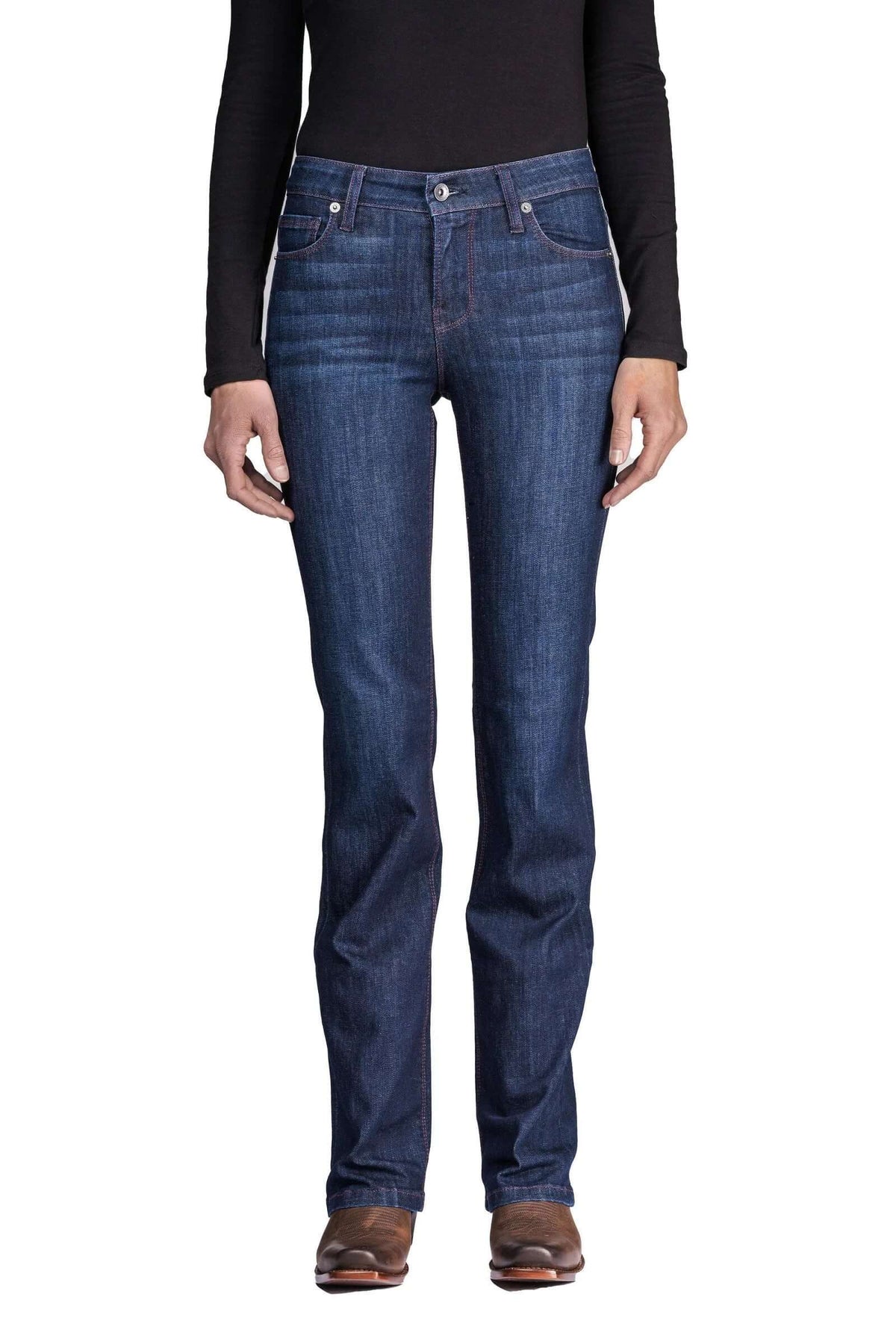 Haala Denim Venice bootcut jeans in deep ocean denim with violet stitching waistband detail