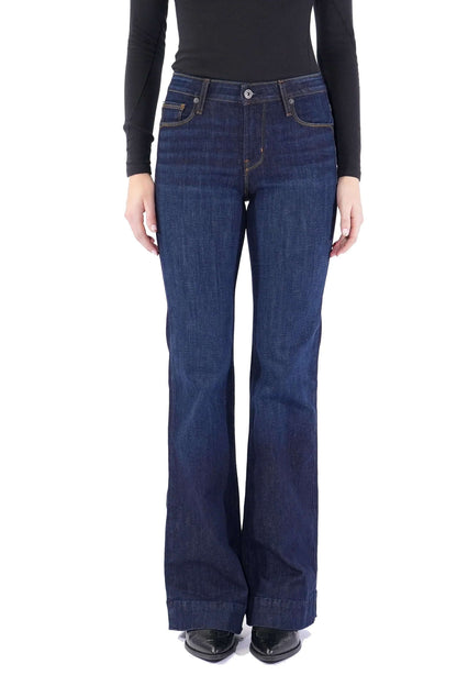 Haala Denim Bella flare jeans in deep ocean blue with gold accents, stylish bottoms with a fashionable flare silhouette.